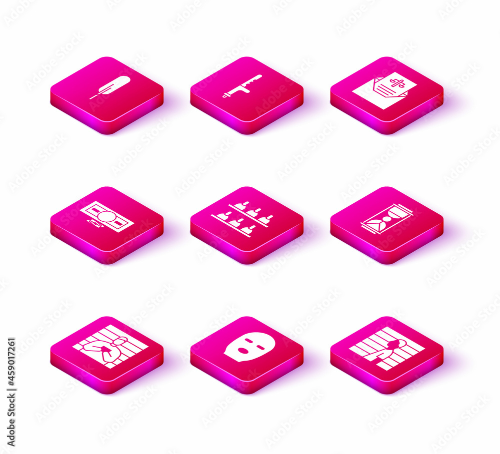 Set Suspect criminal, Thief mask, Stacks paper money cash, Jurors, Old hourglass with sand, Subpoena and Police rubber baton icon. Vector Set Suspect criminal, Thief mask, Stacks paper money cash, Jurors, Old hourglass with sand, Subpoena and Police rubber baton icon. Vector