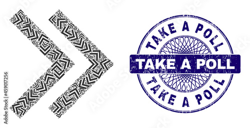 Fractal collage shift right and Take a Poll round dirty stamp seal. Violet stamp includes Take a Poll text inside circle and guilloche pattern.