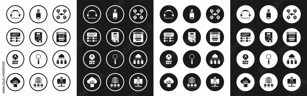 Set Online class, Certificate template, quiz, test, survey, Headphones, Browser window, USB flash drive, Cloud or online library and Create account screen icon. Vector Set Online class, Certificate template, quiz, test, survey, Headphones, Browser window, USB flash drive, Cloud or online library and Create account screen icon. Vector