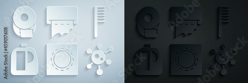 Set Condom in package safe sex, Hairbrush, Bottles for cleaning agent, Virus, Paper towel dispenser wall and Toilet paper roll icon. Vector