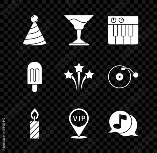 Set Party hat, Cocktail, Music synthesizer, Birthday cake candles, Location Vip, Musical note in speech bubble, Ice cream and Firework icon. Vector