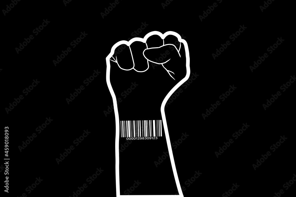 barcode sticker on a clenched fist on a black background barcode sticker on a clenched fist on a black background