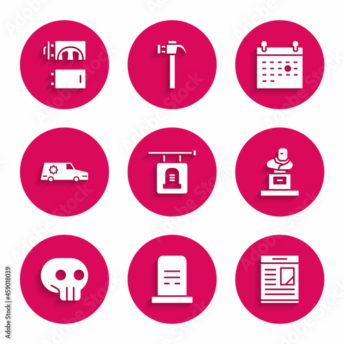 Set Signboard tombstone, Grave with, Obituaries, Skull, Hearse car, Calendar death and Crematorium icon. Vector