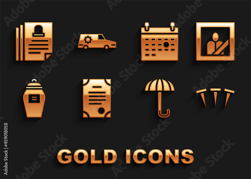 Set Death certificate, Mourning photo frame, Metallic nails, Umbrella, Funeral, Calendar death, and Hearse car icon. Vector