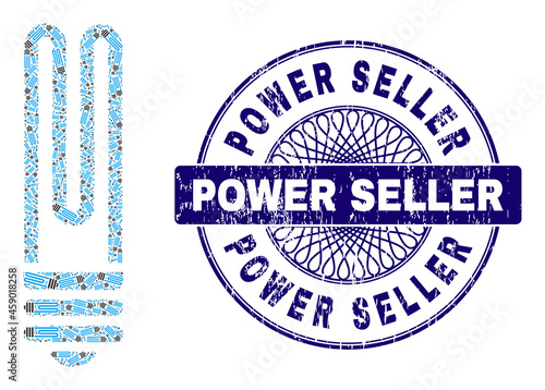 Recursive collage fluorescent bulb and Power Seller round unclean stamp print. Violet stamp includes Power Seller text inside circle and guilloche ornament.
