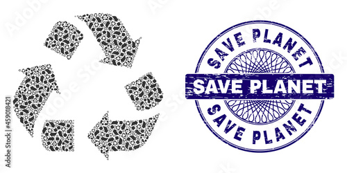 Recursion collage recycle and Save Planet round unclean stamp seal. Blue stamp seal includes Save Planet tag inside circle and guilloche decoration.