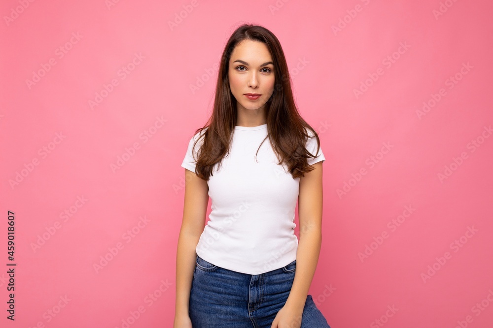 Photo shot of cute nice charming gorgeous attractive pretty youngster happy woman wearing white t-shirt for mockup isolated over colorful background with copy space Photo shot of cute nice charming gorgeous attractive pretty youngster happy woman wearing white t-shirt for mockup isolated over colorful background with copy space