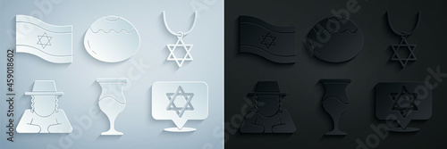 Set Jewish goblet, Star of David necklace on chain, Orthodox jewish hat, sweet bakery and Flag Israel icon. Vector