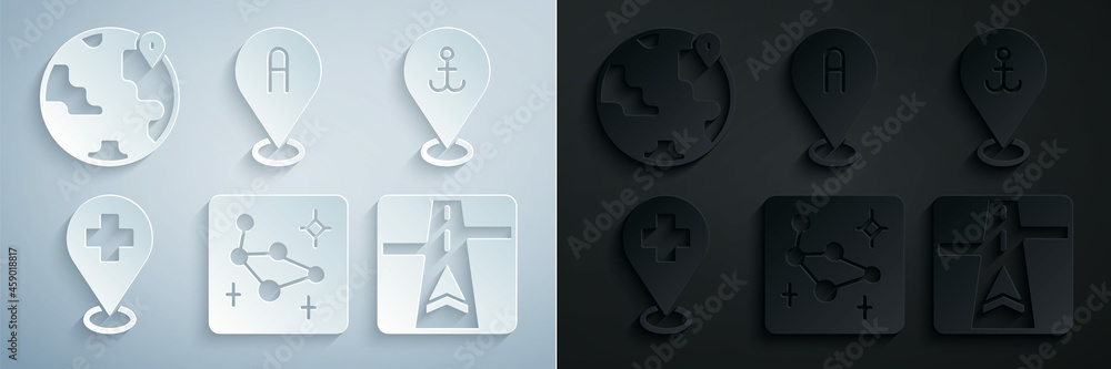 Set Great Bear constellation, Location with anchor, Medical location cross, Gps device map, and the globe icon. Vector Set Great Bear constellation, Location with anchor, Medical location cross, Gps device map, and the globe icon. Vector