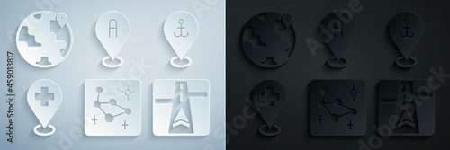 Set Great Bear constellation, Location with anchor, Medical location cross, Gps device map, and the globe icon. Vector