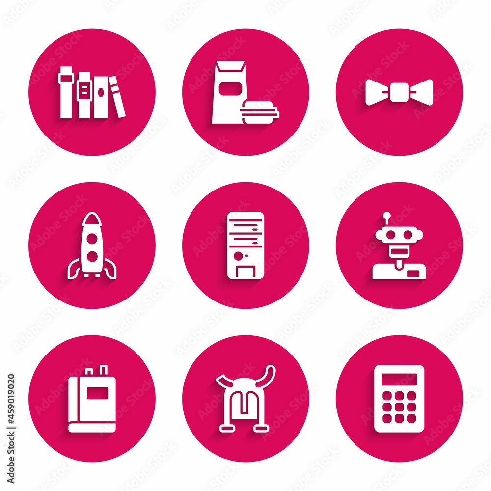 Set Computer, Viking in horned helmet, Calculator, Robot, Book, Rocket ship, Bow tie and icon. Vector Set Computer, Viking in horned helmet, Calculator, Robot, Book, Rocket ship, Bow tie and icon. Vector