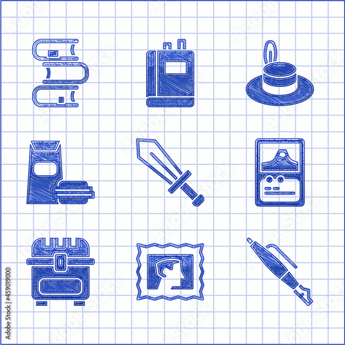 Set Sword for game, Postal stamp, Fountain pen nib, Card, Antique treasure chest, Burger, Man hat and Book icon. Vector