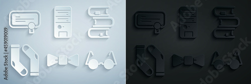 Set Bow tie, Book, Socks, Eyeglasses, Computer and Certificate template icon. Vector