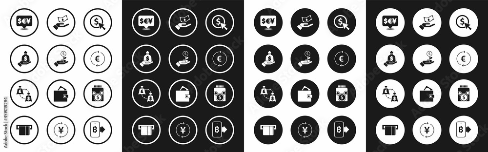 Set Coin money with dollar, Dollar plant, Hand holding bag, Currency exchange, euro symbol, Glass jar coin and icon. Vector Set Coin money with dollar, Dollar plant, Hand holding bag, Currency exchange, euro symbol, Glass jar coin and icon. Vector