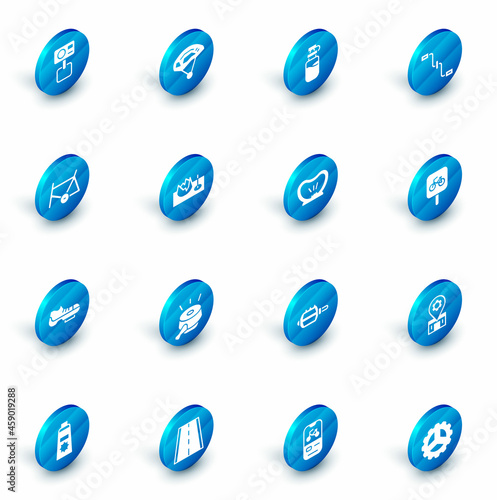 Set Bicycle helmet, Sport bottle with water, pedals, frame, shoes, on street ramp, parking and punctured tire icon. Vector