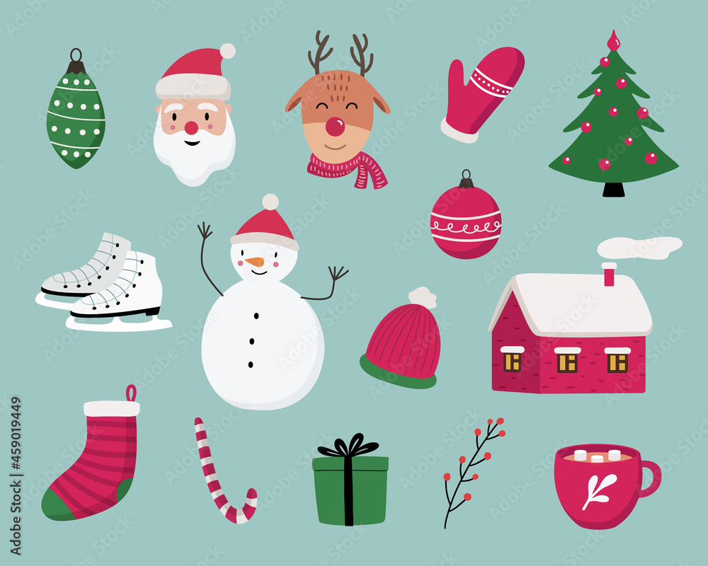 Christmas and New Year cute symbols set. Santa Claus, reindeer, candy, gift, glove, house, decoration ball, Christmas tree, snowman, hot chocolate, stocking etc. Vector illustration