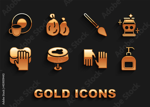 Set Stain on the tablecloth, Clean vase, Bottle of liquid soap, Rubber gloves, Cleaning service, Handle broom, Washing dishes and Garbage bag icon. Vector