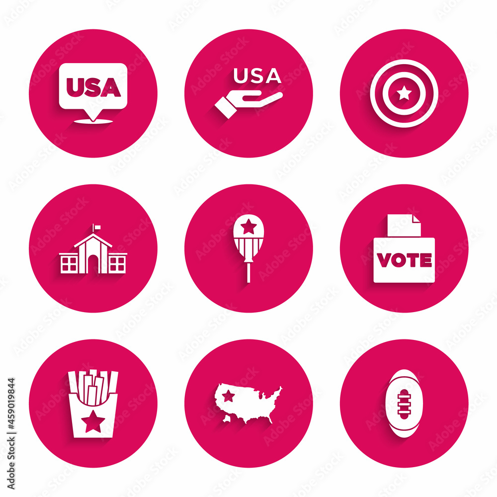 Set Balloons, USA map, American Football ball, Vote box, Potatoes french fries in, United States Capitol Congress, star shield and Independence day icon. Vector