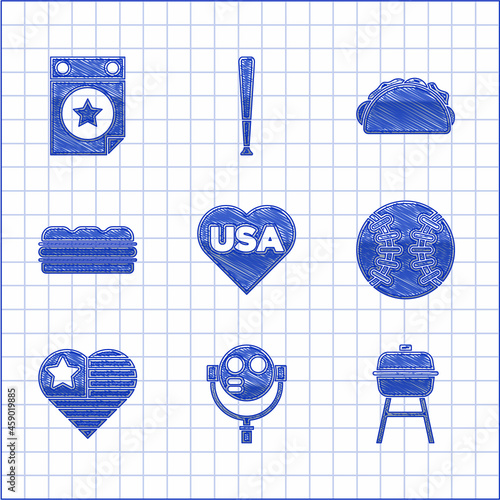 Set USA Independence day, Tourist binoculars, Barbecue grill, Baseball ball, Sandwich, Taco with tortilla and Calendar date July 4 icon. Vector