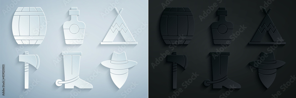 Set Cowboy boot, Indian teepee or wigwam, Tomahawk axe, Tequila bottle and Gun powder barrel icon. Vector Set Cowboy boot, Indian teepee or wigwam, Tomahawk axe, Tequila bottle and Gun powder barrel icon. Vector