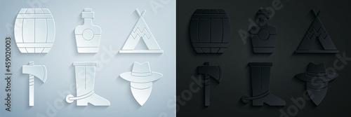 Set Cowboy boot, Indian teepee or wigwam, Tomahawk axe, Tequila bottle and Gun powder barrel icon. Vector