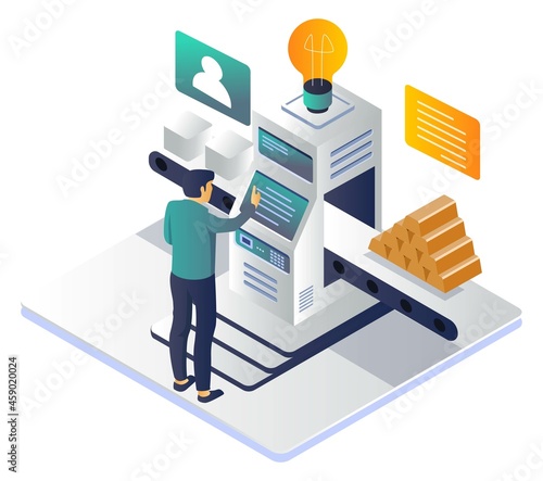 flat isometric vector illustration  machine makes data gold
