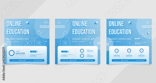 Set of Online education social media post templates with blur geometric composition on white and blue background. Suitable for e-learning, Business Webinars, and Other Seminars
