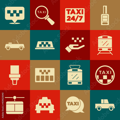 Set Car, Taxi car roof, Train, Location with taxi, and Hand icon. Vector