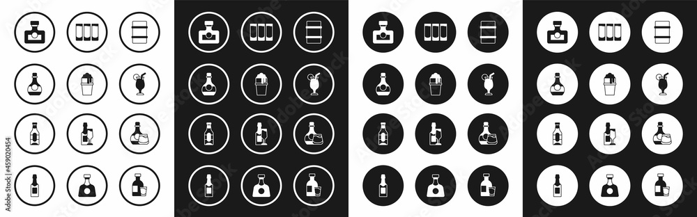 Set Metal beer keg, Glass of, Bottle cognac or brandy, Alcohol drink Rum, Cocktail, Shot glass, Whiskey bottle and Beer icon. Vector