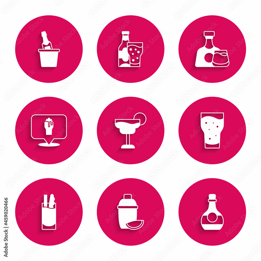 Set Cocktail, shaker with lime, Bottle of cognac or brandy, Glass beer, Bloody Mary, Alcohol bar location, Whiskey bottle glass and Champagne in ice bucket icon. Vector Set Cocktail, shaker with lime, Bottle of cognac or brandy, Glass beer, Bloody Mary, Alcohol bar location, Whiskey bottle glass and Champagne in ice bucket icon. Vector