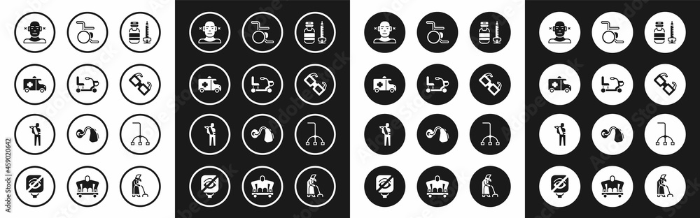 Set Syringe, Electric wheelchair, Emergency car, Deaf, Eyeglasses, Wheelchair, Walking stick cane and Human broken arm icon. Vector Set Syringe, Electric wheelchair, Emergency car, Deaf, Eyeglasses, Wheelchair, Walking stick cane and Human broken arm icon. Vector
