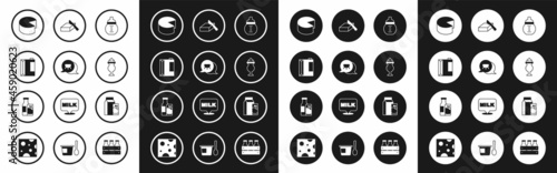 Set Baby milk in a bottle, Udder, Paper package for kefir, Cheese, Milkshake, Butter butter dish, and Bottle and glass icon. Vector