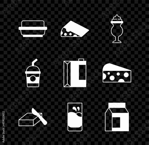 Set Butter in a butter dish, Cheese, Milkshake, Glass with milk, Paper package for, and kefir icon. Vector