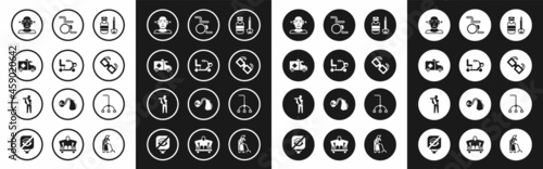 Set Syringe, Electric wheelchair, Emergency car, Deaf, Eyeglasses, Wheelchair, Walking stick cane and Human broken arm icon. Vector
