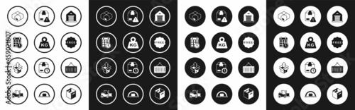 Free Download Set Warehouse, Weight, Cardboard box with calendar, Carton cardboard, rice tag Free, Delivery security shield, Container crane and Unboxing icon. Vector - GFXLoad