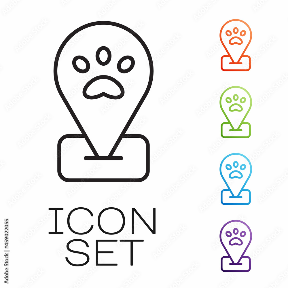 Black line Location pet grooming icon isolated on white background. Pet hair salon. Barber shop for dogs and cats. Set icons colorful. Vector Black line Location pet grooming icon isolated on white background. Pet hair salon. Barber shop for dogs and cats. Set icons colorful. Vector