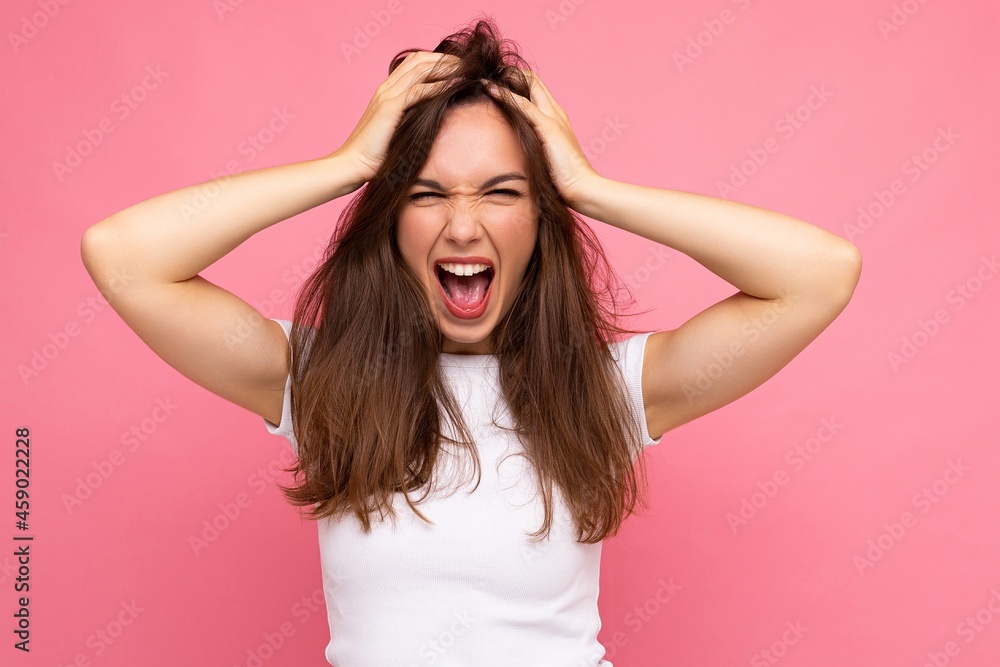 Photo shot of cute nice charming gorgeous attractive pretty youngster happy and crazy woman wearing white t-shirt for mockup isolated over colorful background with copy space Photo shot of cute nice charming gorgeous attractive pretty youngster happy and crazy woman wearing white t-shirt for mockup isolated over colorful background with copy space