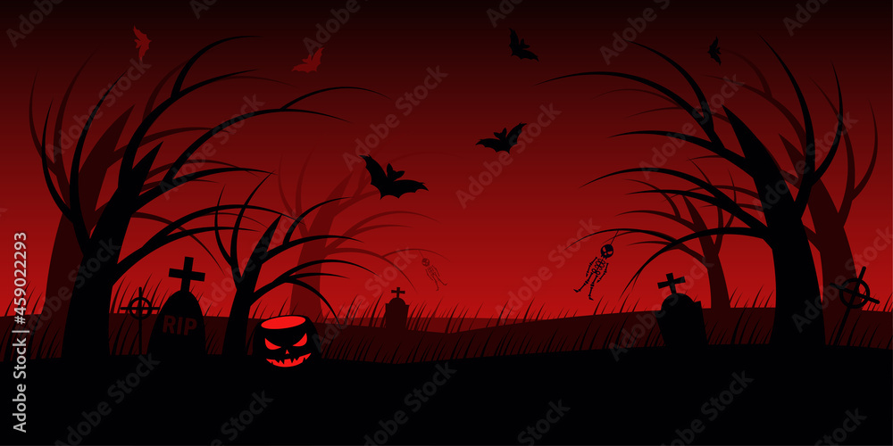 vector background for halloween. Creepy halloween background with a cemetery and scary trees.