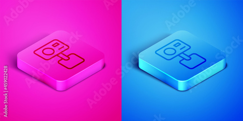 Isometric line Action extreme camera icon isolated on pink and blue background. Video camera equipment for filming extreme sports. Square button. Vector