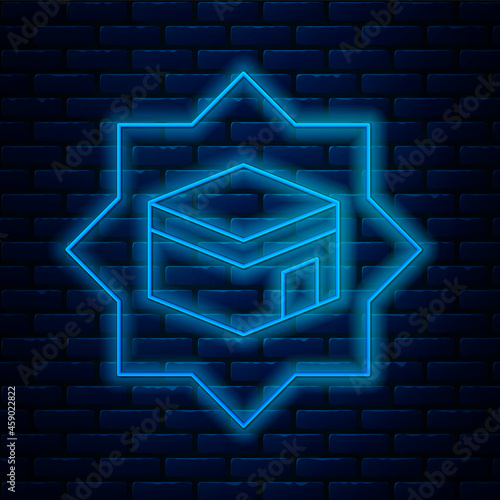 Glowing neon line Kaaba mosque icon isolated on brick wall background. Kaaba hajj Mecca pray pilgrimage Ramadan Islam muslim mosque. Vector