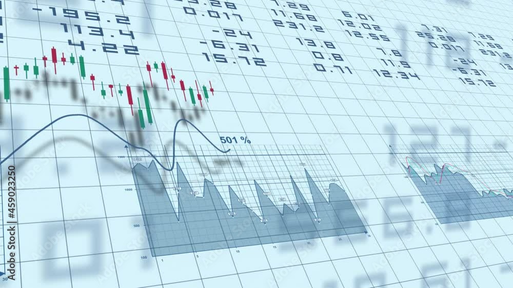 Börsenkurs, 3D Animation, Balkendiagramm, Liniendiagramm, Tortendiagramm, Candle chart, Zahlen, blau