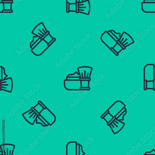 Blue line Shaving brush with foam icon isolated seamless pattern on green background. Barbershop symbol. Vector