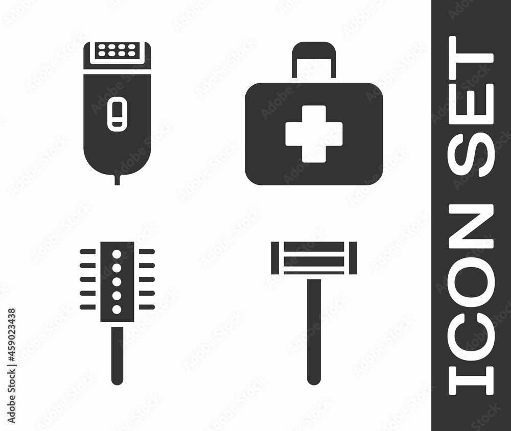 Set Shaving razor, Electrical hair clipper or shaver, Hairbrush and First aid kit icon. Vector Set Shaving razor, Electrical hair clipper or shaver, Hairbrush and First aid kit icon. Vector