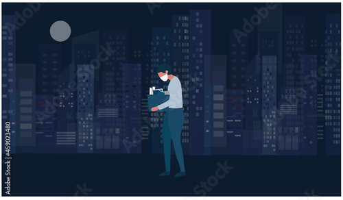 Fototapeta Naklejka Na Ścianę i Meble -  Depressed businessman holding a boxes. They was fired from job. Unemployment, economic crisis, economic downturn, jobless, lay off concept after covid-19 pandemic outbreak vector illustration
