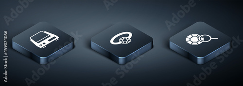 Set Isometric Electronic jewelry scales, Gem stone and Diamond engagement ring icon. Vector