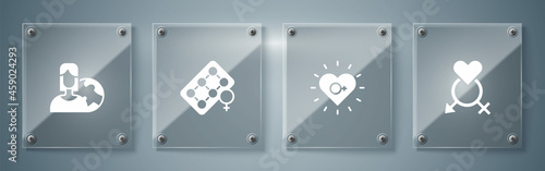 Set Gender, Feminism, Packaging of birth control pills and Women from different countries. Square glass panels. Vector
