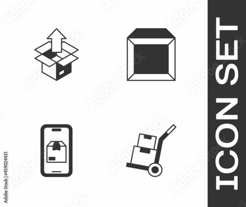 Set Hand truck and boxes, Unboxing, Mobile app delivery tracking and Carton cardboard icon. Vector