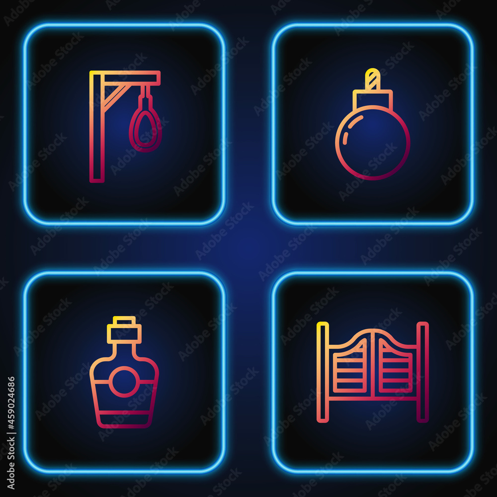 Set line Saloon door, Tequila bottle, Gallows and Bomb ready to explode. Gradient color icons. Vector Set line Saloon door, Tequila bottle, Gallows and Bomb ready to explode. Gradient color icons. Vector