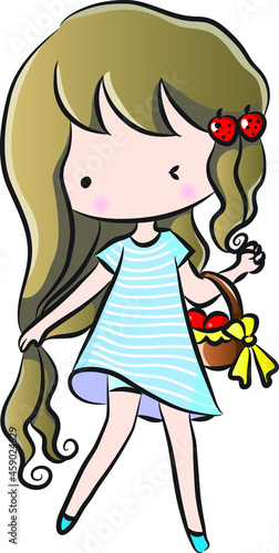 vector cartoon long hair lovely girl with A basket of fruit orange