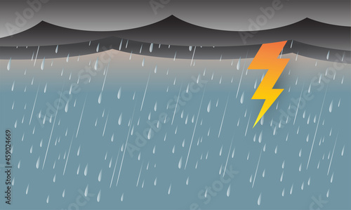 rain and storm with lightning thunder, Black sky weather, Natural disaster, vector design.